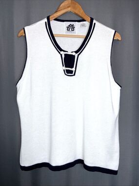 Storybook Knits Tank Top Two If By Sea Sz 1X White Navy Blue Trim Nautical Beach